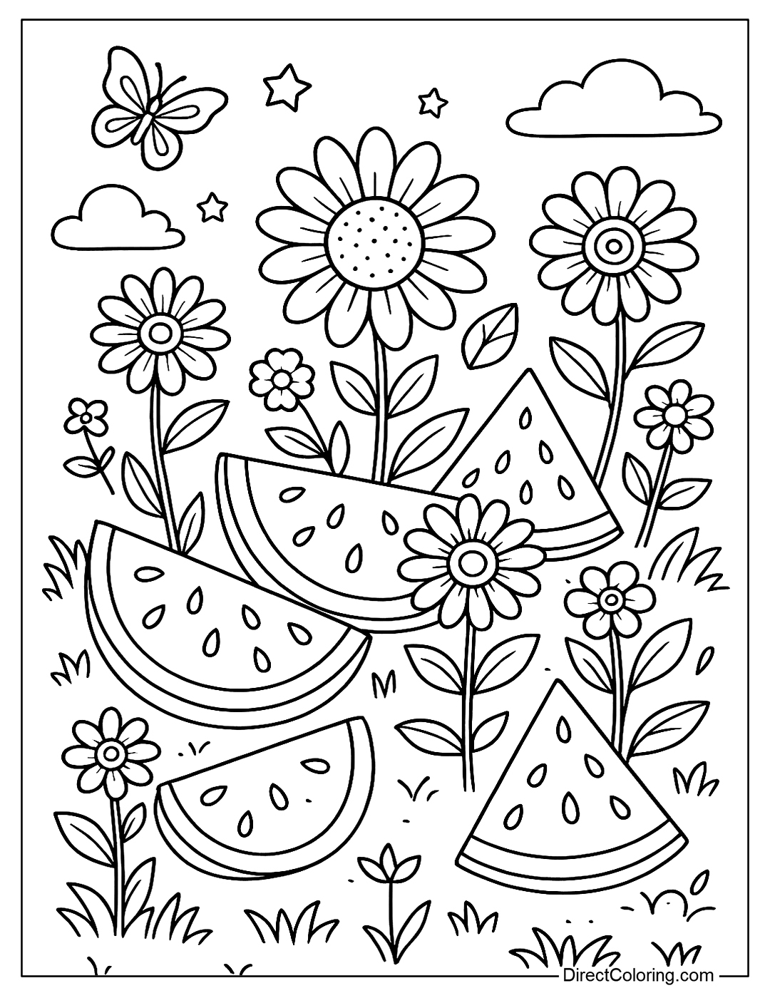 Coloring page with triangle-shaped slices of watermelon growing flowers.